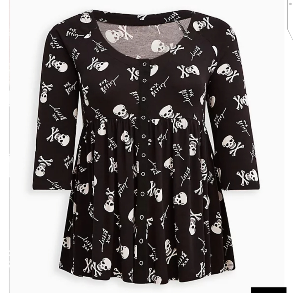 🆕☠️ 2X BETSEY JOHNSON SKULL BLACK & WHITE  SNAP BABYDOLL TOP ☠️